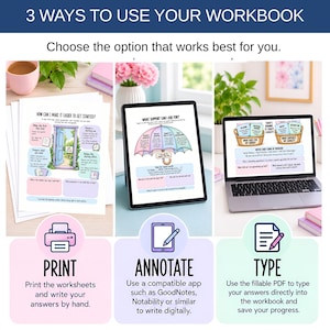 Your download includes a 32-page workbook in printable and fillable PDF formats, available in US Letter and A4 sizes. Print and write, type your responses, or annotate digitally using a compatible app. Choose a pace that suits you and return to helpful pages whenever you need them.