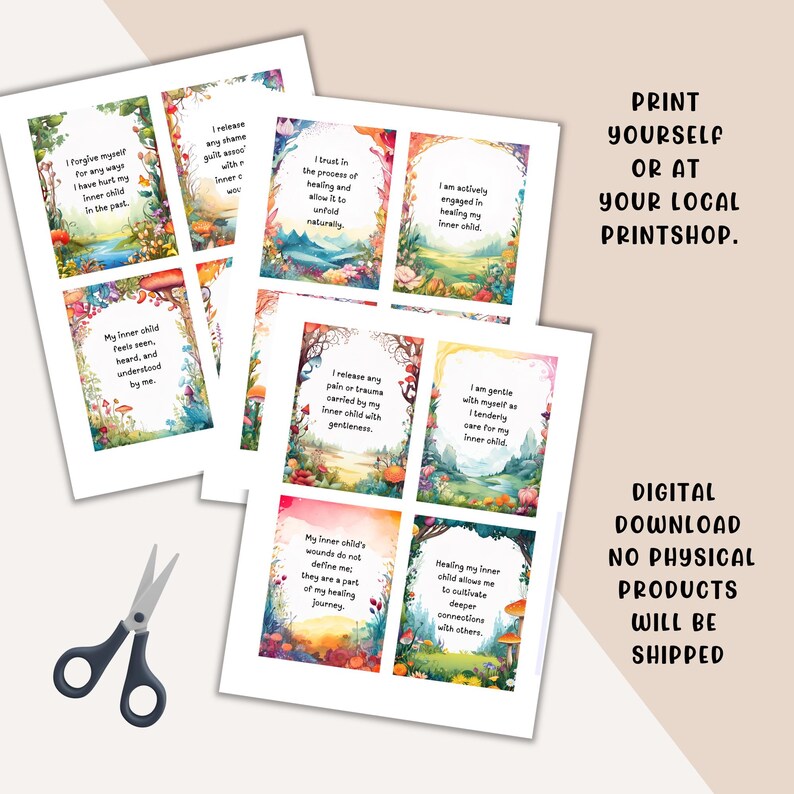 This inner child healing affirmation card deck is a digital download that can be printed at home or at your local printshop.