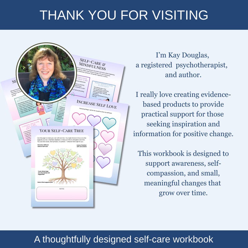 Created by a therapist, this workbook draws on professional experience supporting emotional wellbeing, mental health, and self-care. It is designed to feel supportive, respectful, and easy to use — offering practical therapy tools that encourage insight, self-compassion, and lasting self-care habits.