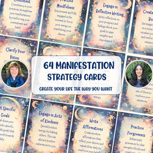 64 Manifestation Strategiekarten für spirituelles Wachstum Gesetz der Anziehung Positive Flashcards Digitaler Download Druckbare Vision Board Karten PDF