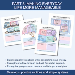 You’ll also consider simple organisational systems, helpful routines, emotional regulation, flexible responses when plans change, and ways to ask for specific assistance. The workbook finishes by helping you recognise progress and bring useful strategies together in a personal executive functioning plan.