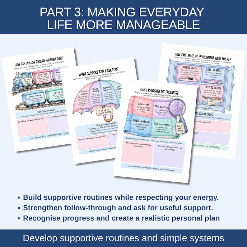 You’ll also consider simple organisational systems, helpful routines, emotional regulation, flexible responses when plans change, and ways to ask for specific assistance. The workbook finishes by helping you recognise progress and bring useful strategies together in a personal executive functioning plan.