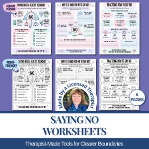 Può includere: Un set di sei schede di lavoro terapeutiche stampabili intitolate Saying No Is A Healthy Boundary, Why Is It Hard For Me To Say No e Practising How To Say No. Le pagine presentano layout color pastello e in bianco e nero con testi.