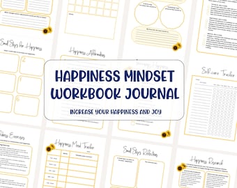 Happiness workbook journal, mental health ebook, self-care, mindfulness worksheets, finding joy, how to be happy, self-esteem help, purpose