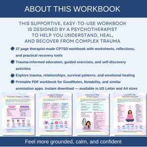 Inside, you'll find trauma healing therapy worksheets, grounding techniques, emotional regulation tools, recovery planning pages, and practical exercises to help you understand trauma responses, triggers, emotional flashbacks, the nervous system, relationships, and self-compassion. Each section is designed to increase self-awareness while helping you build a greater sense of safety, resilience, and hope.