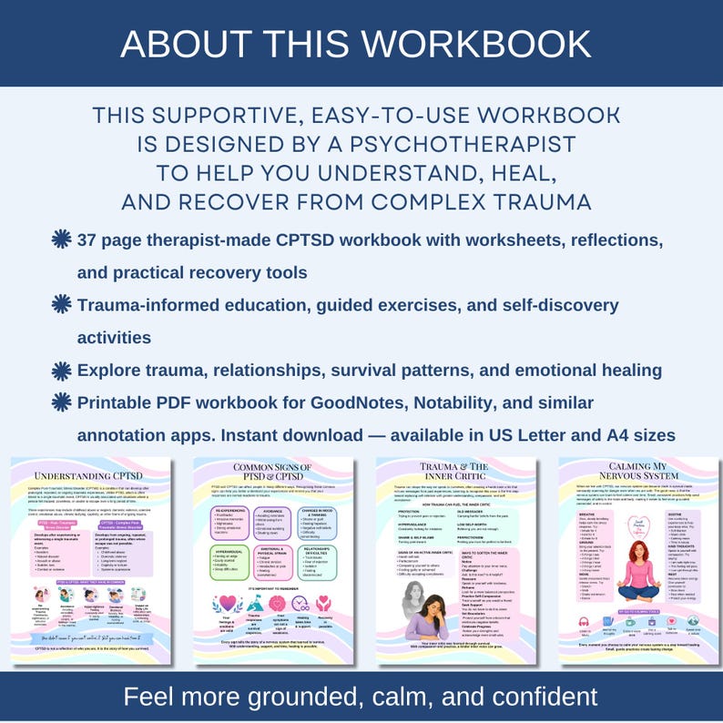 Inside, you'll find trauma healing therapy worksheets, grounding techniques, emotional regulation tools, recovery planning pages, and practical exercises to help you understand trauma responses, triggers, emotional flashbacks, the nervous system, relationships, and self-compassion. Each section is designed to increase self-awareness while helping you build a greater sense of safety, resilience, and hope.