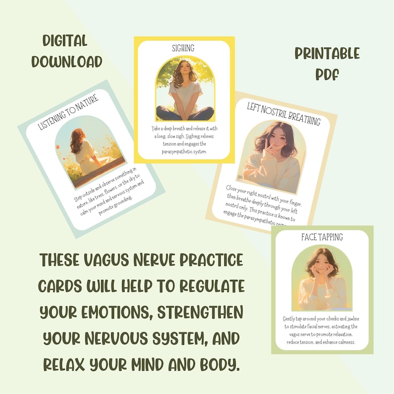 These vagus nerve practice cards will help to regulate your emotions, strength your nervous system, and relax your mind and body.
