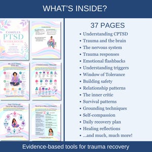 This printable therapy workbook is ideal as a healing journal, counseling resource, or self-help guide for anyone living with Complex PTSD, childhood trauma, or the lasting effects of difficult experiences. It is also a valuable resource for therapists supporting clients with trauma recovery, emotional regulation, grounding techniques, and inner child healing.