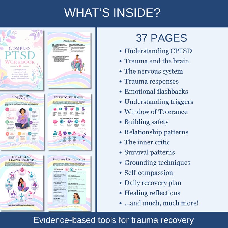 This printable therapy workbook is ideal as a healing journal, counseling resource, or self-help guide for anyone living with Complex PTSD, childhood trauma, or the lasting effects of difficult experiences. It is also a valuable resource for therapists supporting clients with trauma recovery, emotional regulation, grounding techniques, and inner child healing.