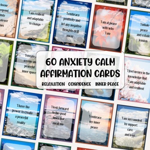 60 cartes Affirmation pour calmer l'anxiété. Jeu de gestion du stress en pleine conscience. Téléchargement numérique imprimable sur la santé mentale.  Aide à la confiance positive