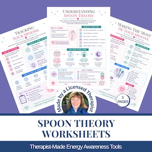 May include: Three educational worksheets titled Understanding Spoon Theory, Tracking Your Spoons, and Making the Most of Your Spoons. The documents feature pink and blue text, icons, and diagrams explaining energy management. A circular badge states Made by a Licensed Therapist and 3 Pages.