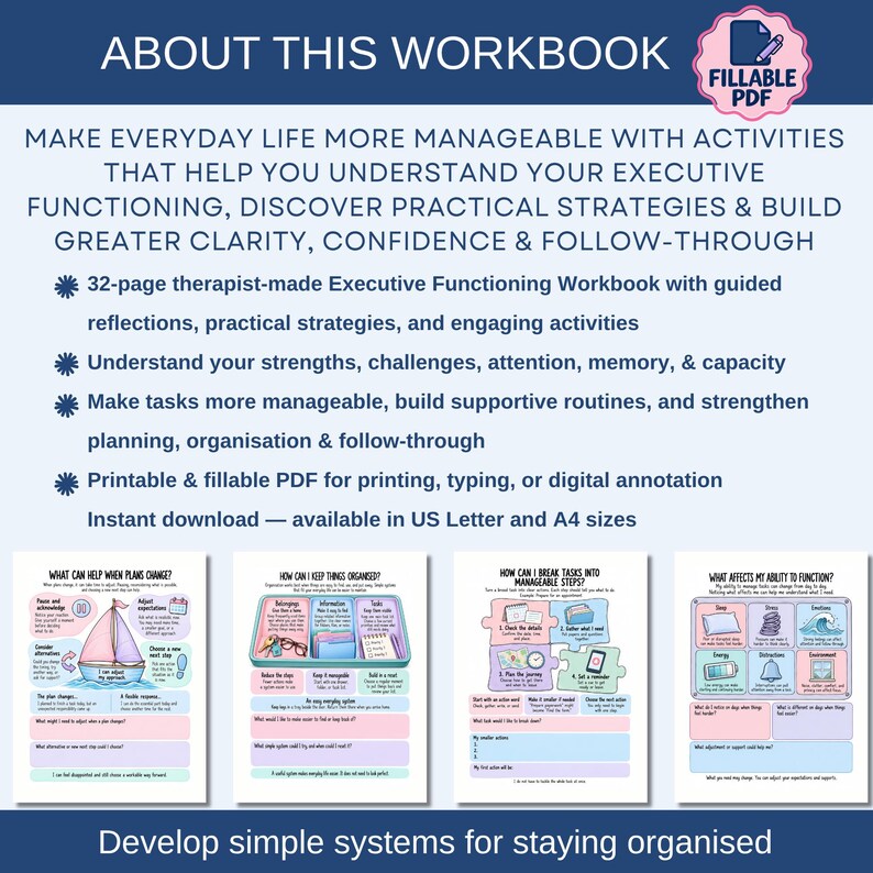 When starting tasks, keeping track of information, managing time, or following through feels difficult, pushing yourself harder may not provide the support you need. This workbook encourages a kinder, more practical approach: recognising your strengths, understanding what gets in the way, and making realistic adjustments.
