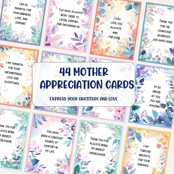 44 Mother Appreciation Cards. Affirmations for gratitude to Mom. Printable Mother's Day Gift. Mum thank you. Digital download card deck. PDF