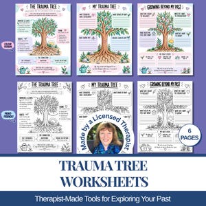Peut inclure: Un ensemble de six fiches de travail sur l'arbre des traumatismes, disponibles en versions couleur et noir et blanc. Les pages incluent des titres comme The Trauma Tree, My Trauma Tree et Growing Beyond My Past, avec des espaces pour écrire.