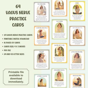 Research highlights the vagus nerve's role in calming the body and mind, helping to reduce stress, regulate emotions, and promote healing. Each card features a simple, effective vagus nerve exercise or coping strategy.