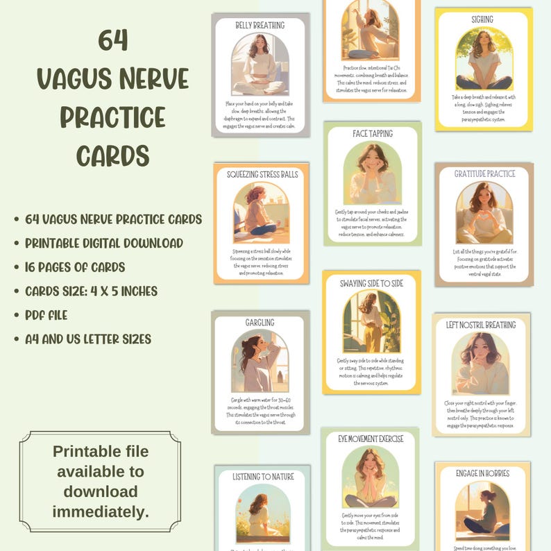 Research highlights the vagus nerve's role in calming the body and mind, helping to reduce stress, regulate emotions, and promote healing. Each card features a simple, effective vagus nerve exercise or coping strategy.