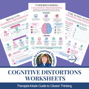 May include: A three-page set of cognitive distortion worksheets featuring white paper with blue and pink text, icons, and a central brain illustration. A circular badge states Made by a Licensed Therapist with a photo of a woman.