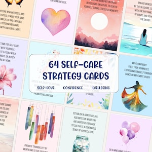 64 zelfzorgstrategiekaarten Afdrukbare mindfulness-flashcards cadeau voor vrouw Suggesties voor zelfzorg Kaarten zelfliefde Digitale download pdf
