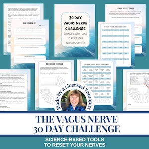 Op de afbeelding: Een verzameling afdrukbare werkbladen en gidsen voor een 30-daagse Vagus Nerve Challenge. De materialen omvatten dagelijkse check-ins, voortgangstrackers en op wetenschap gebaseerde tools om het zenuwstelsel te resetten.