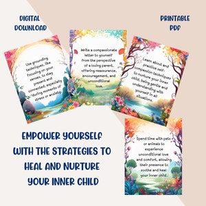 This carefully crafted set of 64 printable strategy cards features whimsical, uplifting images designed to support you on your journey of recovery from Adverse Childhood Experiences (ACE), fostering resilience and emotional well-being.