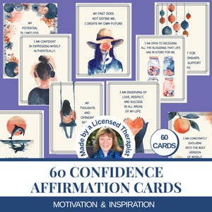 May include: A set of 60 confidence affirmation cards featuring watercolor illustrations and motivational text. Each card displays unique imagery like a dolphin, a person on a swing, jars, and a person in a hat, with phrases such as My Potential Is Limitless.