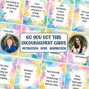 May include: A set of 60 encouragement cards with watercolor backgrounds in shades of pink, blue, yellow, and green. Each card features motivational quotes. The cards are labeled "60 You Got This Encouragement Cards" with the words "Motivation, Hope, Inspiration".