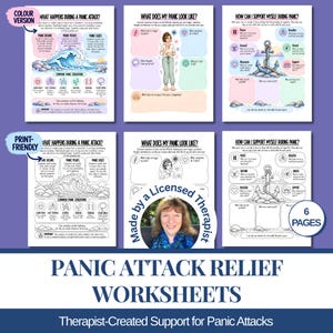 Könnte beinhalten: Ein Set aus sechs Arbeitsblättern zur Bewältigung von Panikattacken in Farb- und Schwarz-Weiß-Versionen. Die Seiten enthalten Diagramme mit Wellen und Ankern, Textaufforderungen zur Selbstreflexion sowie Illustrationen zu körperlichen Empfindungen.