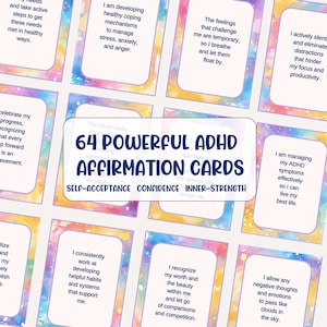 64 carte di affermazione per l'ADHD. Flashcard sul deficit di attenzione. Mazzo sulla neurodiversità. Download digitale stampabile. Risorsa per adulti, adolescenti o terapeuti.
