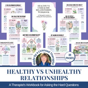 May include: A 38-page Healthy vs Unhealthy Relationships workbook featuring a therapist's guide to asking hard questions. The pages include checklists, prompts, and illustrations of flowers, a house, and an umbrella to help evaluate relationship dynamics.