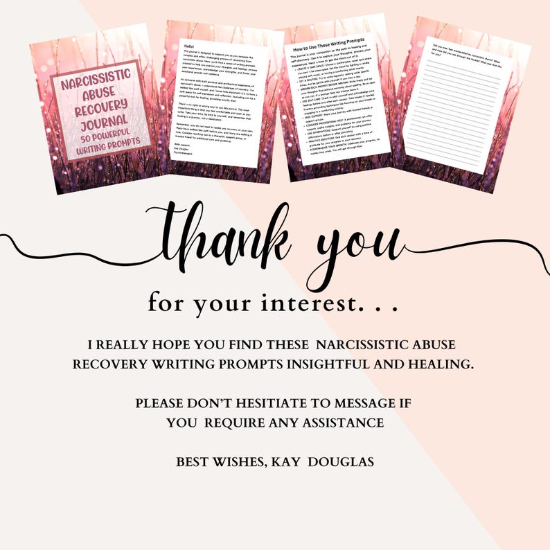 A pink and white digital download for a journal with 50 writing prompts for narcissistic abuse recovery. The text reads "Narcissistic Abuse Recovery Journal 50 Powerful Writing Prompts". Thanks for your interest.