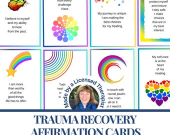 60 Trauma Recovery affirmation cards. Digital download. Printable card deck. PTSD, CPTSD, Childhood ACE healing. Hope. Mental health therapy