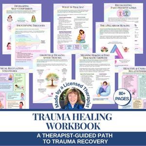 Puede incluir: Un Cuaderno de trabajo de curación de traumas con múltiples páginas de información. El cuaderno de trabajo incluye secciones sobre autocompasión, identificación de desencadenantes, trauma, crecimiento y relaciones saludables. La portada presenta el texto "Trauma Healing Workbook".