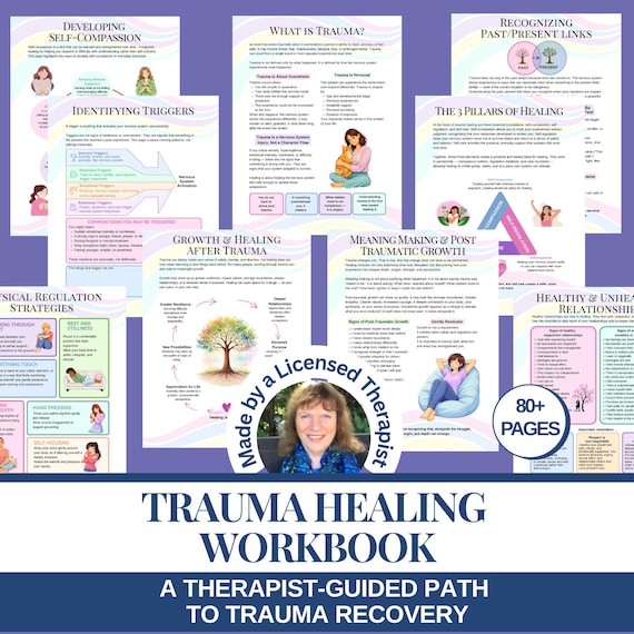 Trauma Healing Workbook Therapy worksheets PTSD recovery journal Therapist resource Mental health tools Coping skills Mindfulness PDF 83 pg