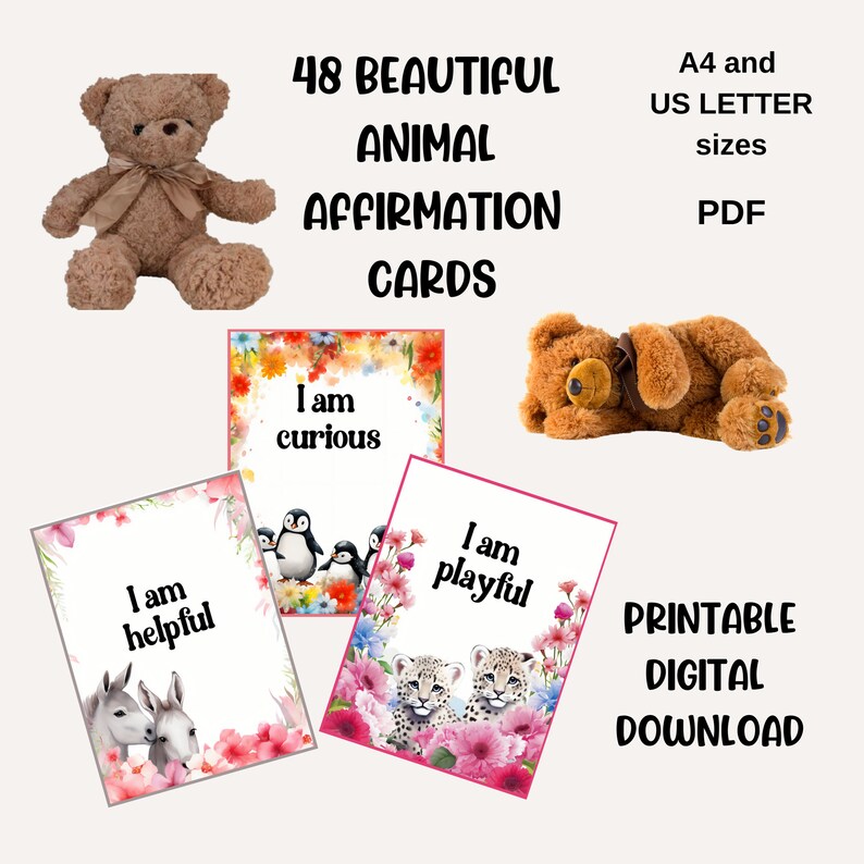 40 Affirmationskarten für Kinder. Kinder Karteikarten mit Tieren ...