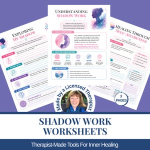 Könnte beinhalten: Drei druckbare Arbeitsblätter mit den Titeln Understanding Shadow Work, Exploring My Shadow und Healing Through Self-Awareness. Die Seiten enthalten pastellfarbene rosa und blaue Grafiken, Textaufforderungen zur Reflexion und ein kreisförmiges Foto.
