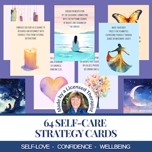 64 Self-Care Strategy Cards Printable mindfulness flashcards gift for woman Selfcare suggestions Self-love card deck Digital download PDF