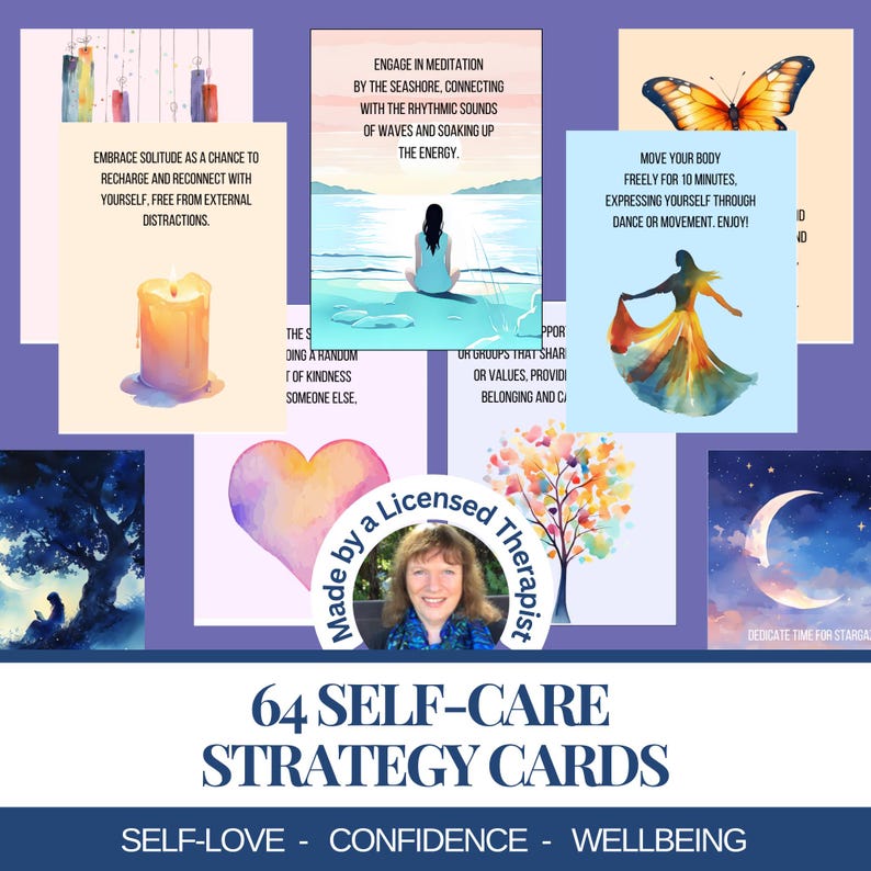 Self-care is an act of self-love. My set of 64 self-care strategy cards offers gentle reminders of ways to nurture your mind, body, and soul.