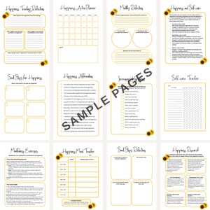 There are happiness worksheets to tack happiness mood, to help you create realistic goals and action plans, and affirmations to help you cultivate a positive mindset.