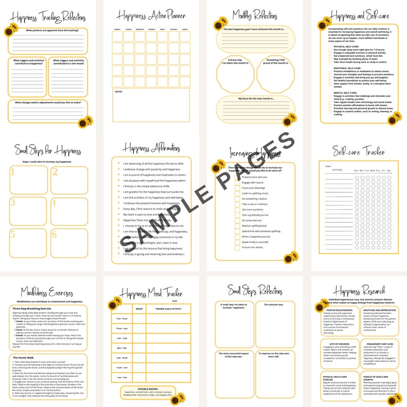 There are happiness worksheets to tack happiness mood, to help you create realistic goals and action plans, and affirmations to help you cultivate a positive mindset.