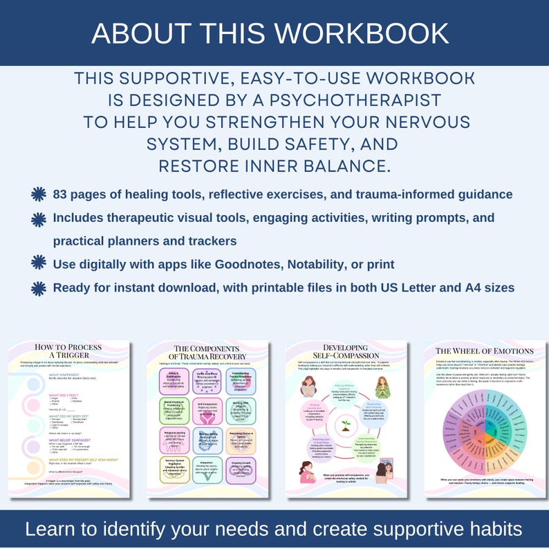Whether you’re in therapy or working on your own, these pages offer a safe, structured space to reflect, regulate, and reconnect with yourself.
What You’ll Receive: 
- 83-page printable PDF (print or use digitally)
- Worksheets and interactive content
- Gentle guidance for working through shame, self-blame, and emotional overwhelm
