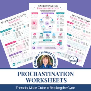 Może przedstawiać: Zestaw trzech arkuszy do druku zatytułowanych Understanding Procrastination, My Procrastination Patterns oraz Moving Beyond Procrastination. Dokumenty zawierają różowe, niebieskie i fioletowe teksty, ikony i diagramy oraz okrągłe zdjęcie kobiety.