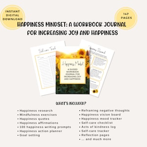 Includes happiness research happiness affirmations, mindfulness exercises, happiness writing prompts, happiness action planner, self-care checklist, happiness vision boards, and much, much more.