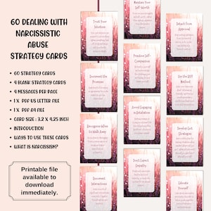 Puede incluir: Un conjunto imprimible de 60 tarjetas de estrategia para lidiar con el abuso narcisista. Las tarjetas, de 8,1 x 10,8 cm, presentan estrategias y mensajes, incluyendo c&oacute;mo confiar en tu intuici&oacute;n y documentar interacciones.
