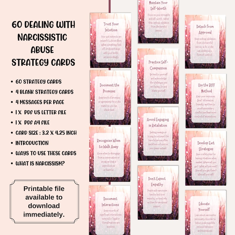 Puede incluir: Un conjunto imprimible de 60 tarjetas de estrategia para lidiar con el abuso narcisista. Las tarjetas, de 8,1 x 10,8 cm, presentan estrategias y mensajes, incluyendo c&oacute;mo confiar en tu intuici&oacute;n y documentar interacciones.