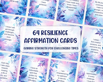 64 Affirmationskarten für Widerstandskraft. Karteikarten zur Selbsthilfe für Zuversicht, Bewältigung, Selbstwertgefühl, Selbstliebe und Selbsthilfe. Druckbare digitale Datei