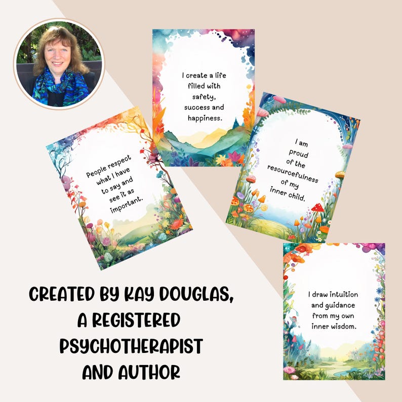 These inner child affirmation cards are created by Kay Douglas, a psychotherapist and author.