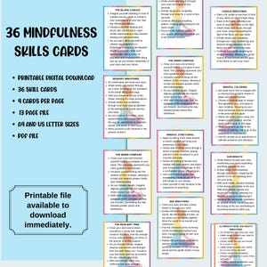 These mindfulness skills cards are designed to help with emotional regulation, grounding, anxiety relief, and finding inner peace.