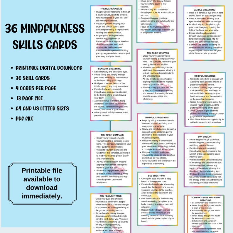 These mindfulness skills cards are designed to help with emotional regulation, grounding, anxiety relief, and finding inner peace.