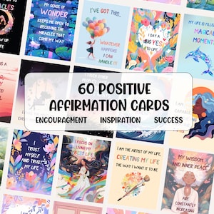 60 bevestigingskaarten. Positieve flashcards. Digitale download. Spirituele groei. Wet van aantrekking. Afdrukbaar visionboard-deck. Manifestatie: