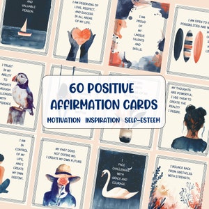 60 positieve affirmatiekaarten Afdrukbare aanmoedigingskaarten Motivatie Zelfliefde, manifestatie. Vertrouwenskaartendeck Digitale download